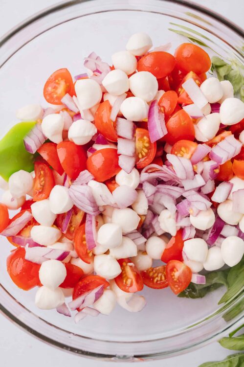 Fresh tomato and mozzarella salad with red onions and basil, perfect for summer recipes and healthy eating.