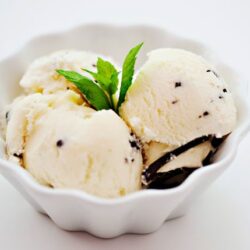 Creamy vanilla ice cream with chocolate chips in a white bowl, garnished with fresh mint leaves. Perfect for summer desserts.