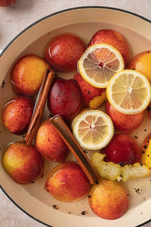 Fresh baked apples and lemon slices with cinnamon sticks soaking in water, for warming autumn beverage.