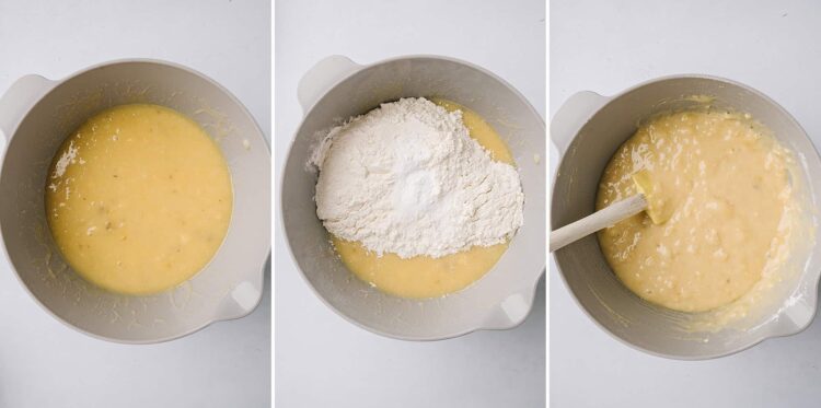 Light yellow cake batter in a mixing bowl for baking.