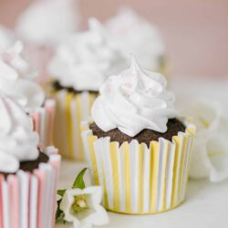Delicious chocolate cupcakes with swirled white frosting and pink sprinkles in pastel striped cupcake liners.