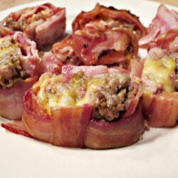 Bacon-wrapped stuffed meat muffins with cheese and ground beef.