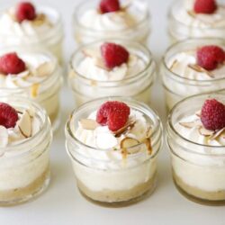 Delicious raspberry cheesecake jars with whipped cream and almond slices in glass containers.