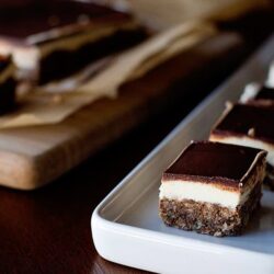 Rich layered dessert bar with chocolate glaze and creamy filling.