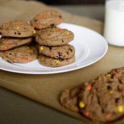 Chocolate chip cookies with colorful sprinkles on a white plate and a glass of milk in the background.