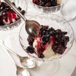 Sweet vanilla ice cream topped with fresh mixed berry compote in elegant glass dessert bowls.