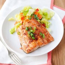 Baked salmon fillet with fresh vegetable salad on white plate.