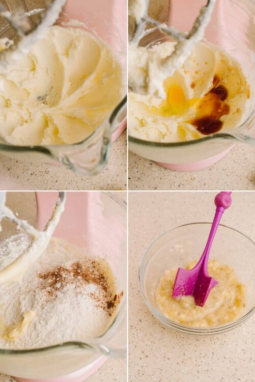 Creamy butter mixture with vanilla in a pink mixing bowl, topped with eggs and spices, ready for baking.