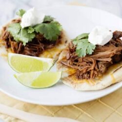 Tender shredded beef served on toasted buns with cilantro, lime, and dollops of sour cream, perfect for tacos or sandwiches.