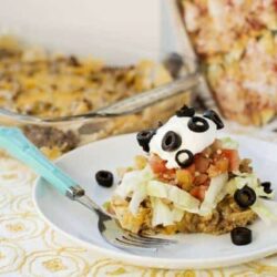 Cheeseburger casserole with panda-shaped cheese topping, baked and ready to serve.
