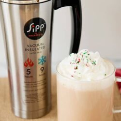 Vacuum insulated thermos mug for hot cocoa and holiday drinks.