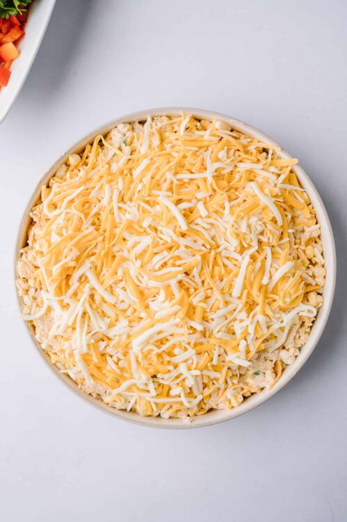 Shredded cheese topping on homemade baked casserole dish - cheesy baked recipe.