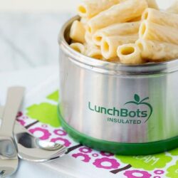 Steamed pasta in LunchBots insulated container, healthy meal prep image.