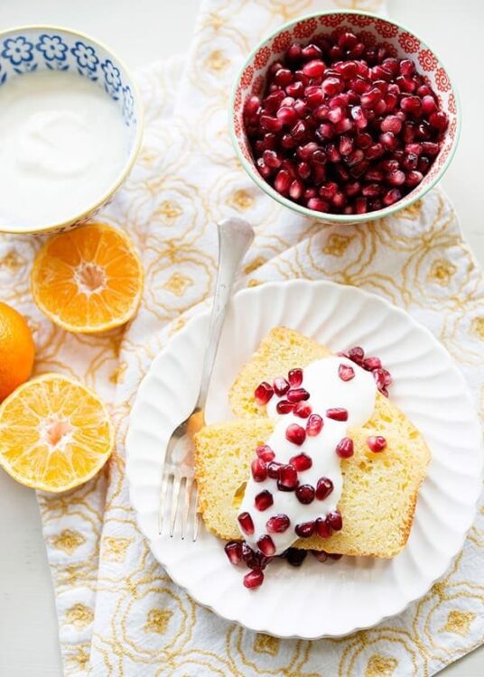Sweet lemon cake with pomegranate and creamy yogurt topping | Baked Bree.