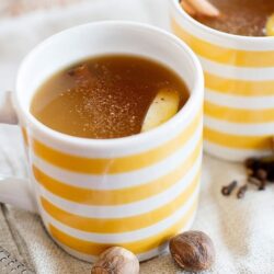 Golden striped mug containing hot apple cider with cinnamon sticks.