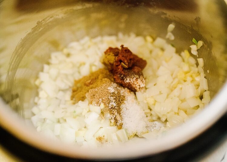 Chopped onions, garlic, paprika, and seasonings in a mixing bowl for homemade recipe.