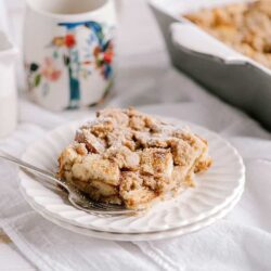 Buttermilk Coffee Cake with Streusel Topping on a White Plate.