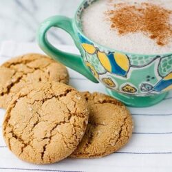 Creamy cinnamon sugar hot chocolate with snickerdoodle cookies on a striped cloth. Perfect cozy fall dessert recipe from Baked Bree.