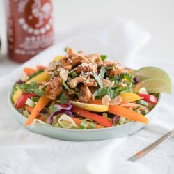 Fresh vegetable salad with grilled chicken, cashews, and lime wedges on white plate, healthy meal option.