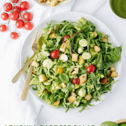 Crispy crouton salad with cherry tomatoes and fresh arugula, lemon basil dressing.