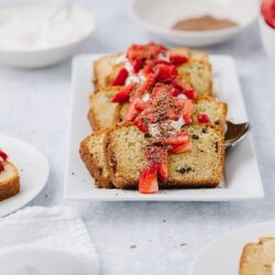 Chocolate Chip Olive Oil Cake with Amaretto Strawberries