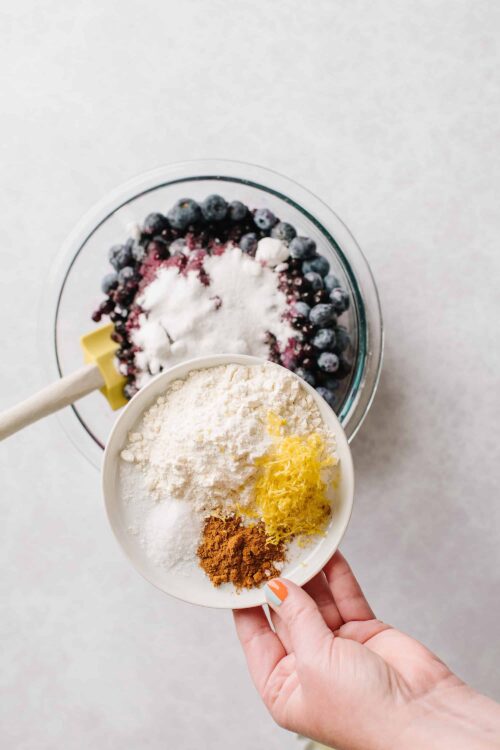 Fresh blueberries, flour, sugar, and spices for blueberry muffins baking from scratch.