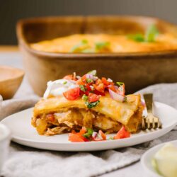 Cheesy baked chicken casserole with fresh tomato and onion topping, garnished with cilantro, served on a white plate.