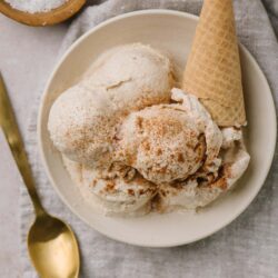 Creamy cinnamon ice cream with waffle cone in a bowl, vanilla frozen dessert with cinnamon topping, homemade ice cream recipe from Baked Bree.