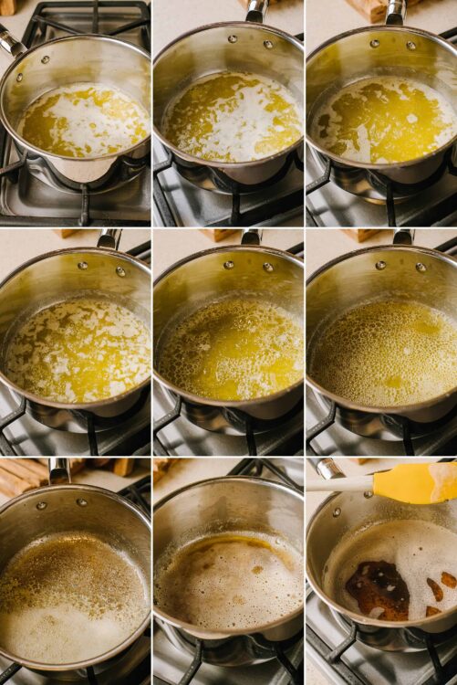 Golden melted butter bubbling in a stainless steel saucepan, step-by-step butter melting process.