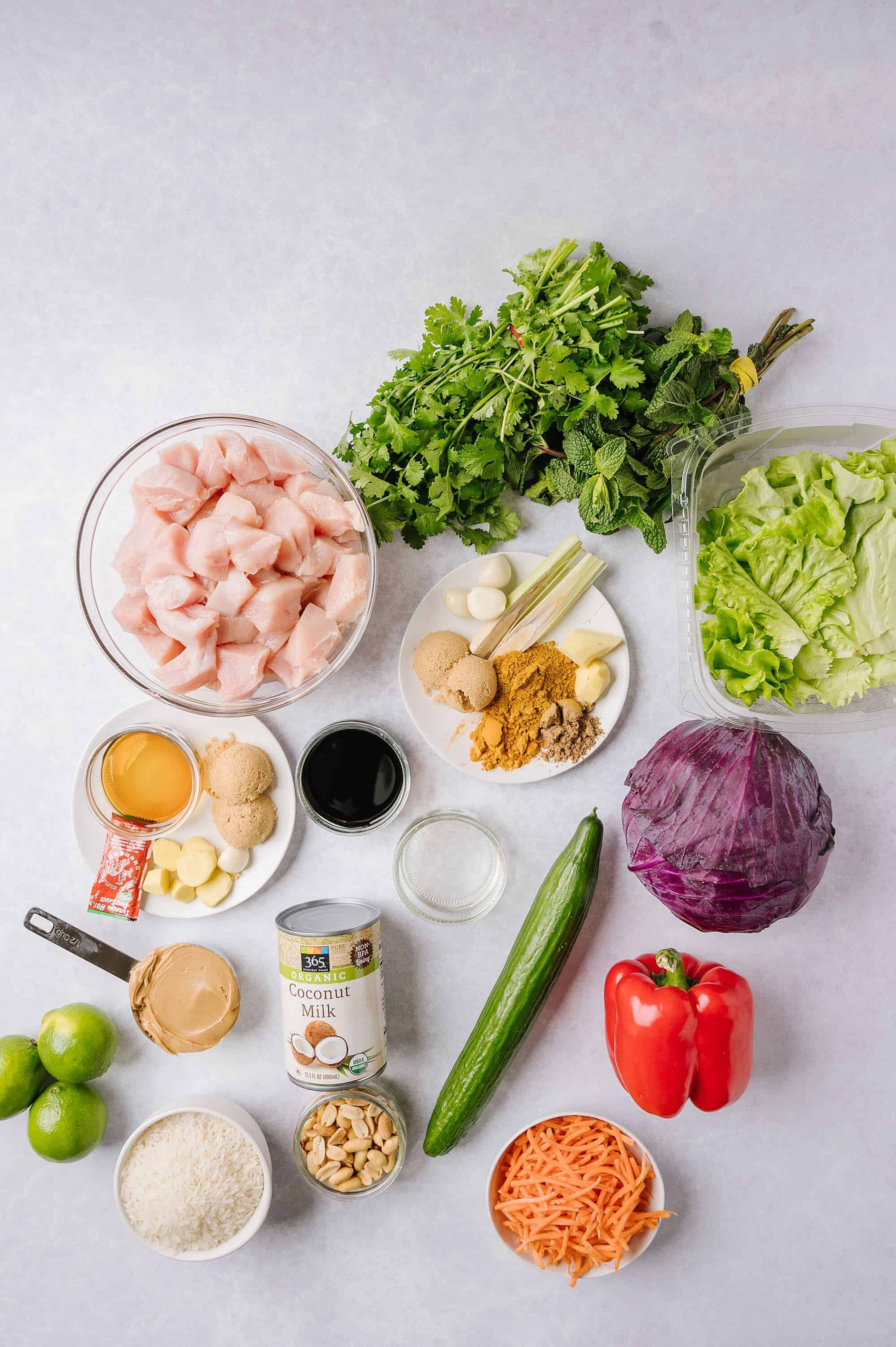 Fresh ingredients for chicken and veggie stir-fry with lime, coconut milk, spices, and fresh vegetables on a white surface.