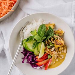 Fresh vegetable spring roll bowl with rice, herbs, and peanut sauce, healthy vegan Asian-inspired meal.