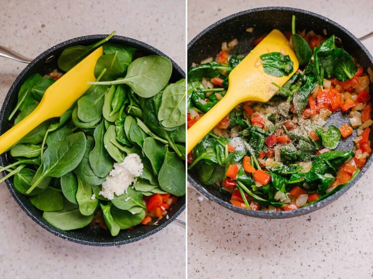 Fresh spinach and ricotta cheese in initial stages of a vegetable sauté.
