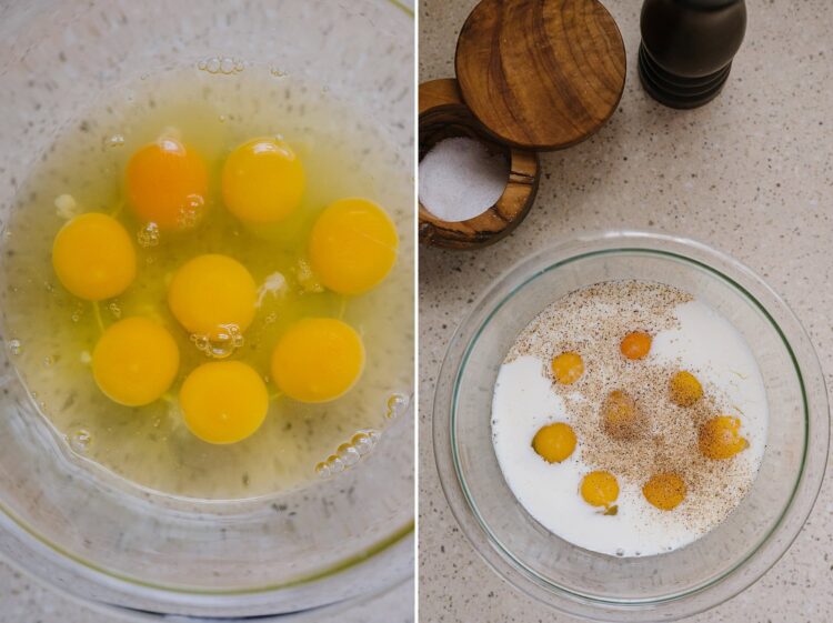 Whisked eggs in a glass bowl for baking and cooking.