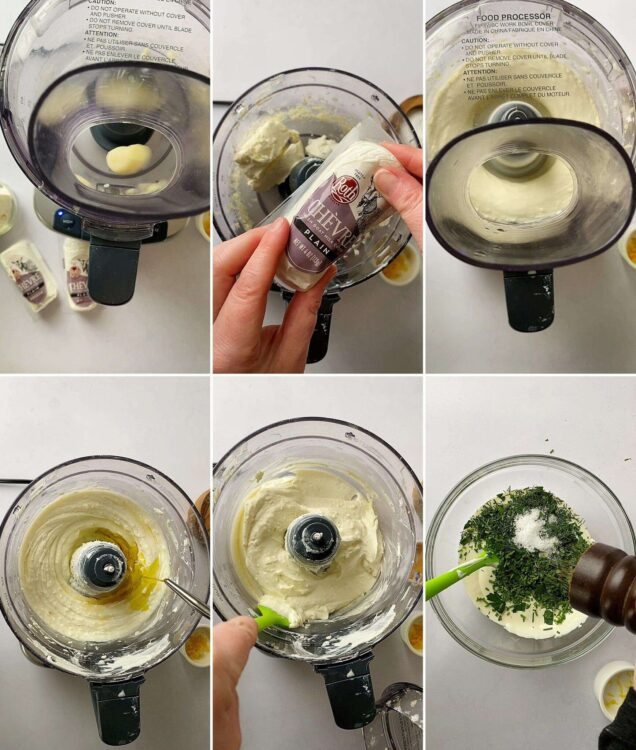 Cream cheese being blended in a food processor with herbs and seasonings.