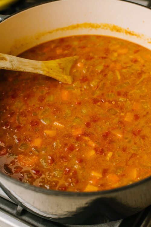 Savory homemade vegetable stew in a pot with a wooden spoon, rich in flavor and perfect for cozy dinners.