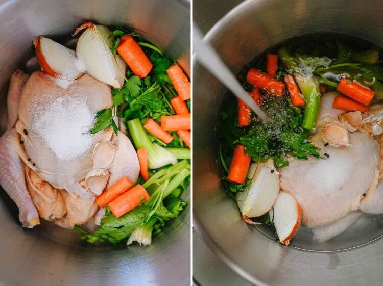 Fresh raw chicken with carrots, onion, garlic, celery, parsley, and seasonings in a mixing bowl for homemade chicken broth.
