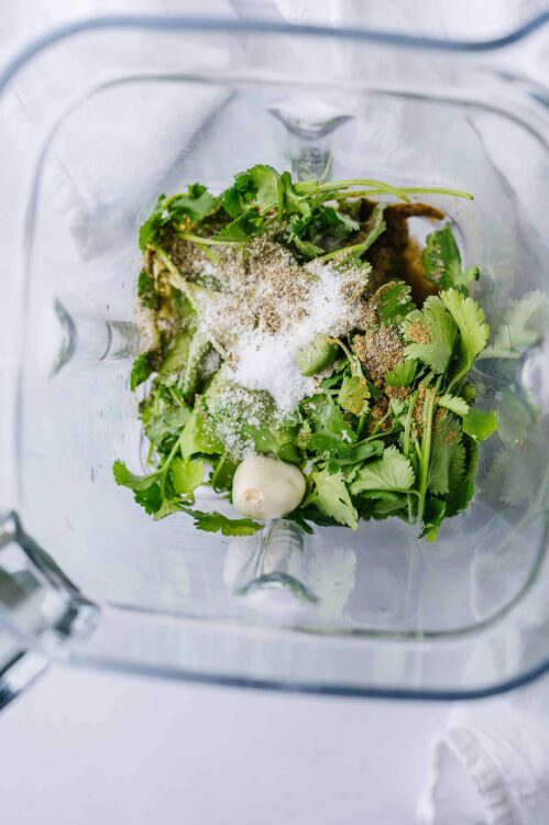 Chopped cilantro, garlic, and spices in a blender for fresh herb sauce or marinade.