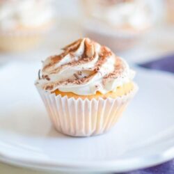 Creamy vanilla cupcake with whipped frosting and chocolate shavings on top, perfect for dessert or celebration.