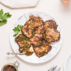 Succulent grilled chicken thighs with herb marinade on white marble plate, served with fresh parsley and flavorful dipping sauce, Baked Bree recipe.