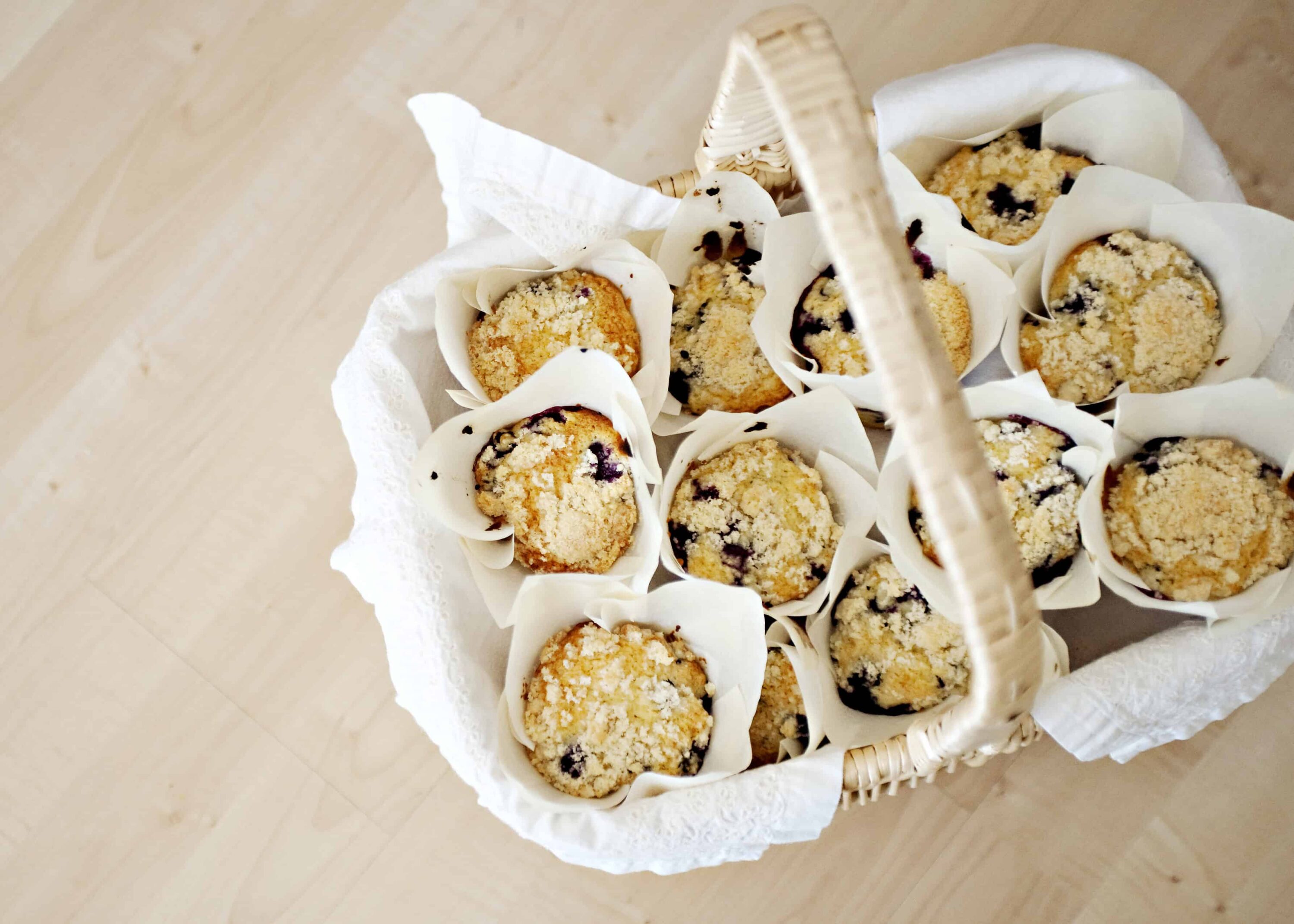 Fresh blueberry muffins in a wicker basket with parchment paper liners.
