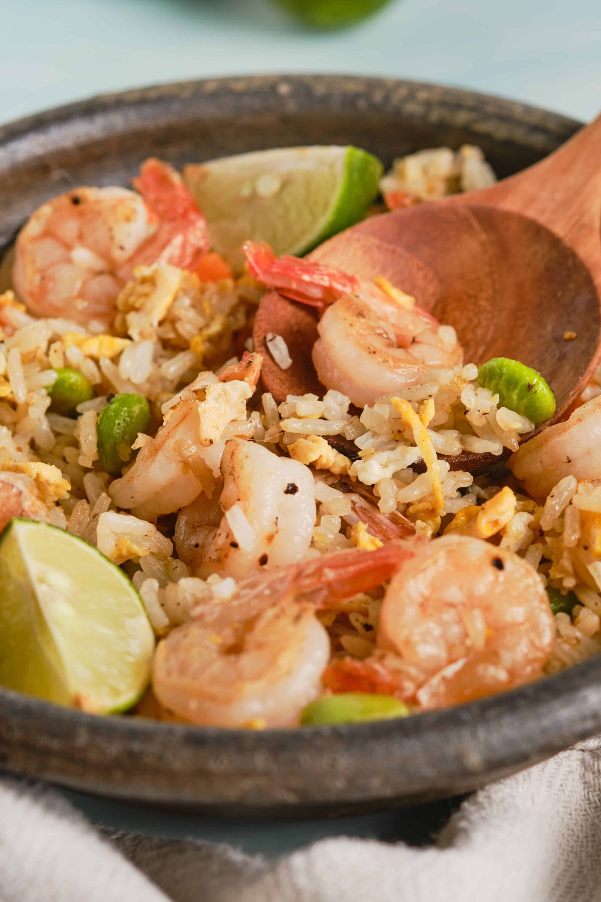 Sweet Shrimp and Fried Rice with Lime, Edamame, and Fresh Ingredients.