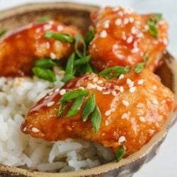Baked chicken teriyaki wings with rice, garnished with green onions and sesame seeds.