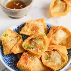 Crispy fried wontons with dipping sauce, savory appetizer, Chinese food deep-fried, cheesy wonton bites, bakedbree culinary recipes.