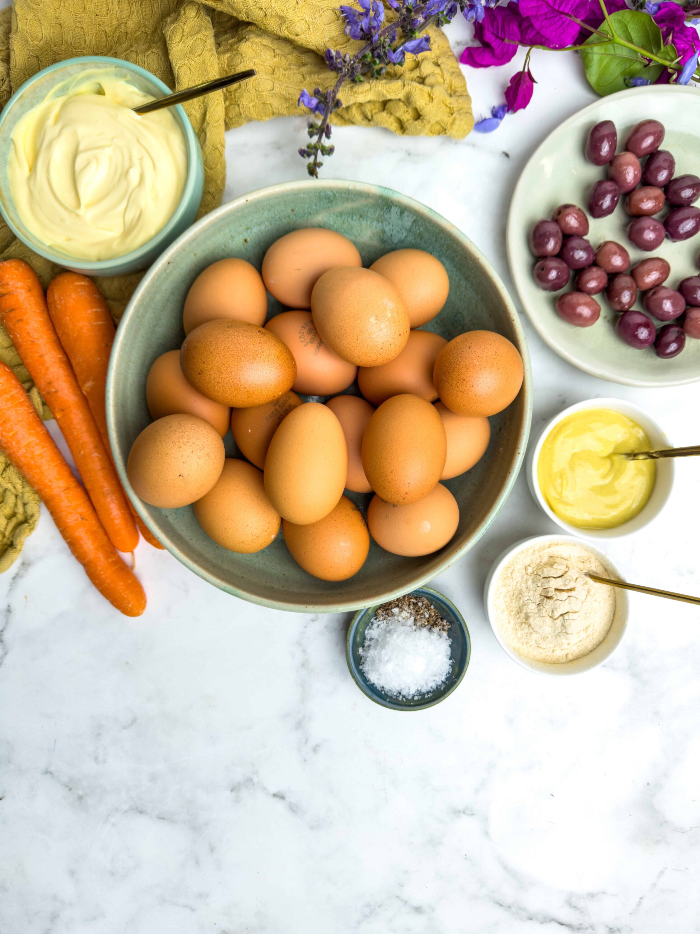 Fresh eggs with vegetables and baking ingredients for baking and cooking.