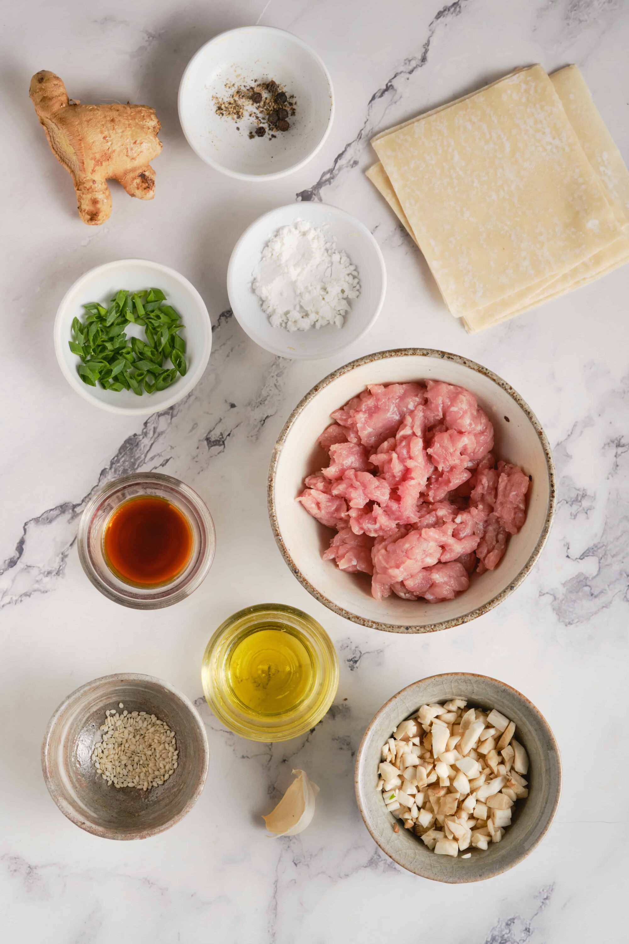 Fresh ingredients for savory pastries including chicken, garlic, green onion, ginger, soy sauce, sesame seeds, and puff pastry.