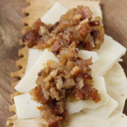 Savory pork and apple chutney on crackers, delicious appetizer, homemade recipe, Baked Bree, food photography, easy snack.
