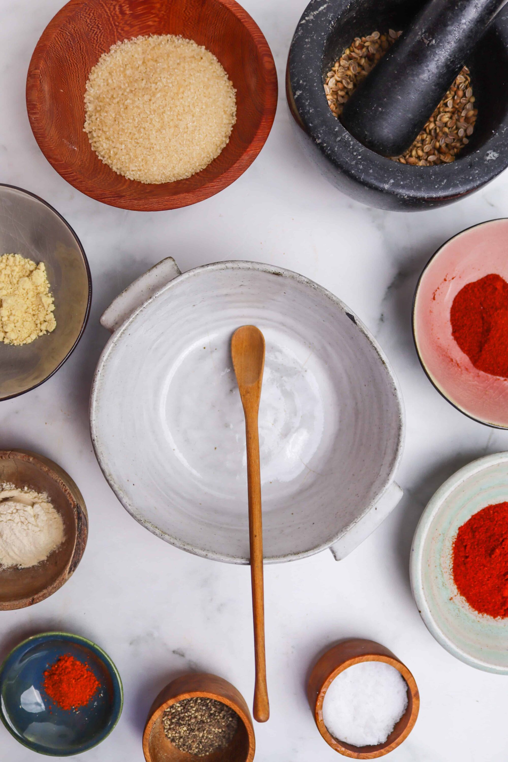 Seasoning ingredients in bowls for baking and cooking.