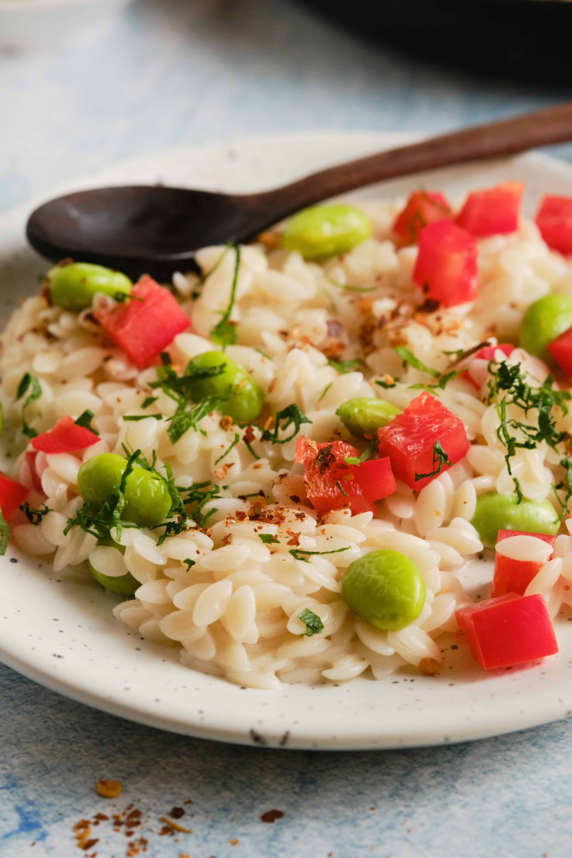 Creamy orzo pasta salad with peas, watermelon radish, and chopped herbs, served on a white plate.