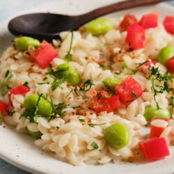 Creamy orzo pasta salad with peas, watermelon radish, and chopped herbs, served on a white plate.