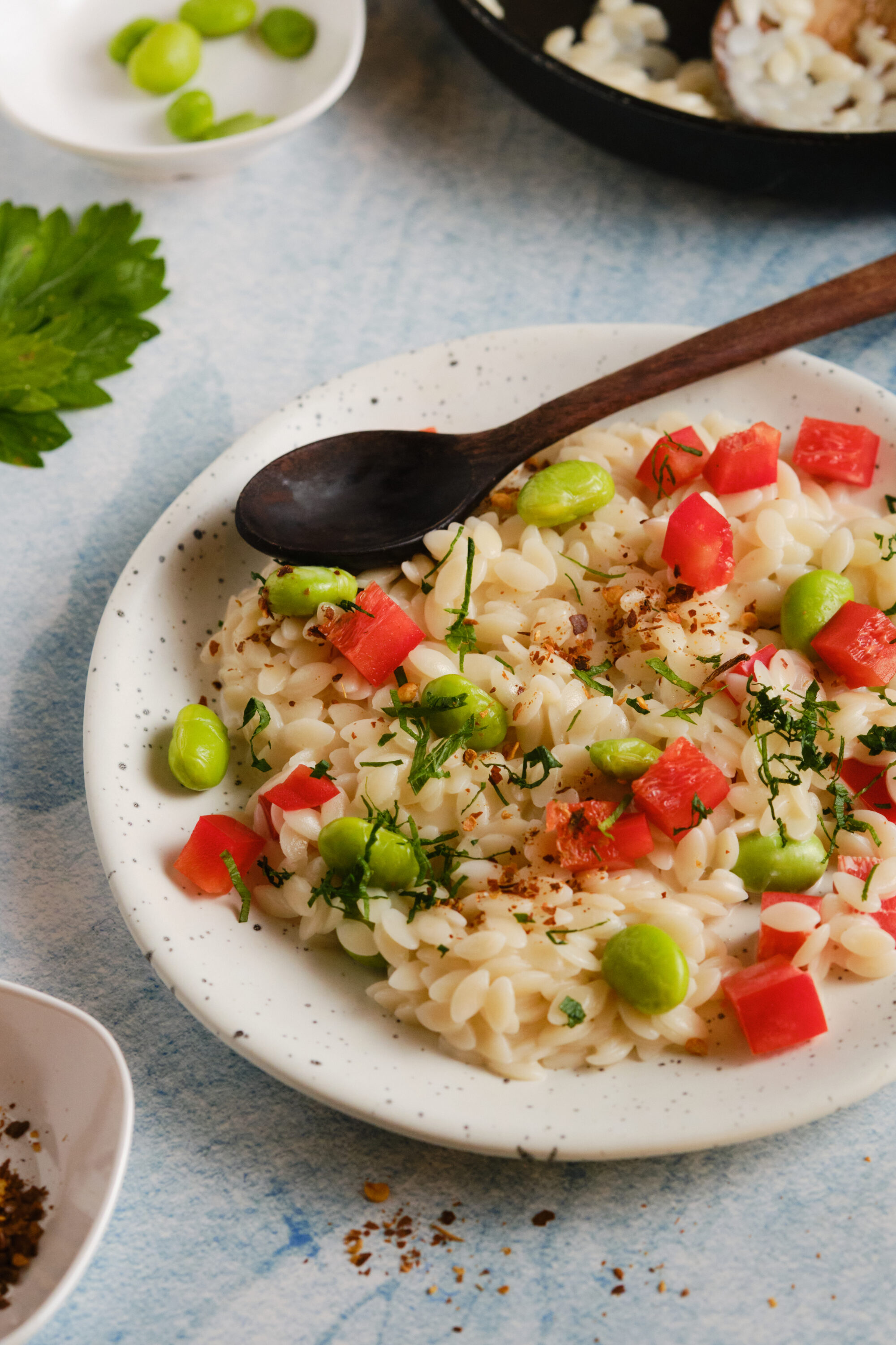 Creamy pasta salad with green peas, tomatoes, and herbs on white plate.
